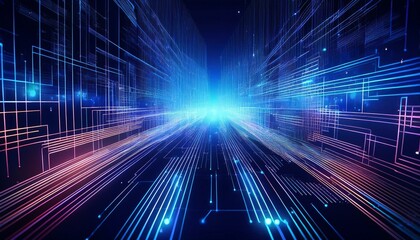 Futuristic technology abstract background with lines and cubes, big data, data center, server, internet, speed. Fantastic wallpaper abstract neon lights into digital technology. Generative ai