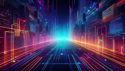 Futuristic technology abstract background with lines and cubes, big data, data center, server, internet, speed. Fantastic wallpaper abstract neon lights into digital technology. Generative ai