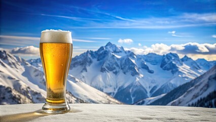 Panoramic view of beer glass with snowy mountains and blue sky