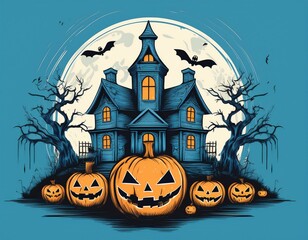 graphic t-shirt design style halloween haunted house. pumpkin heads. blue background.