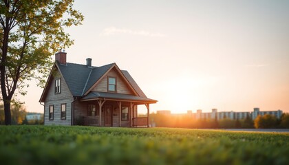 Obraz premium Serene Sunset Over Charming Wooden House