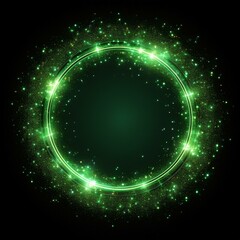 Obraz premium Green glitter circle of light shine sparkles and green spark particles in circle frame on black background. Christmas magic stars glow, firework confetti of glittery ring shimmer