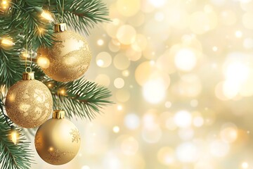 Obraz premium christmas tree on blurred christmas background, festive greeting card with fir or spruce branch and sphere toys 