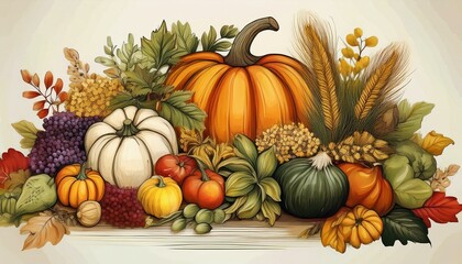 Illustration of Autumn harvest fruits and vegetable. clip art.