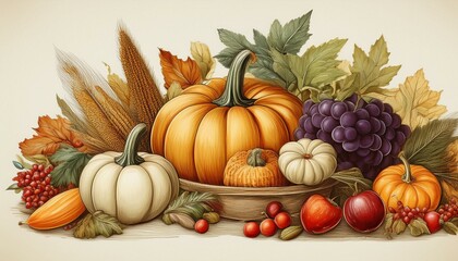 Illustration of Autumn harvest fruits and vegetable. clip art.