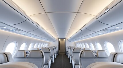 The overhead storage bin in the airplane features soft shadows and blue LED lighting on the white surface, set against a gray ceiling, creating a serene travel atmosphere