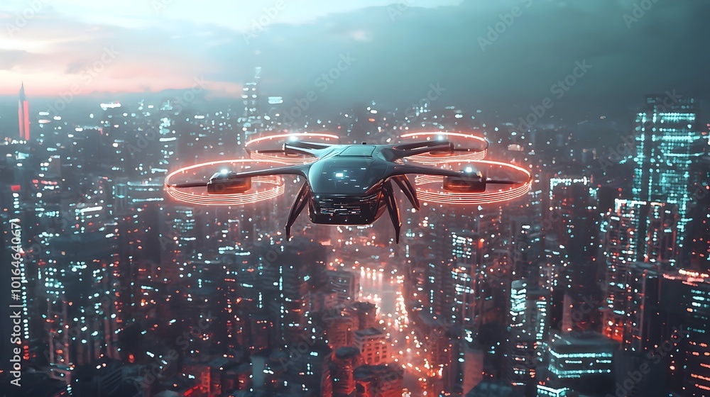 Poster autonomous drone hovering over sleek futuristic cityscape with intelligent sensors and digital
