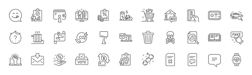 Inspect, Wallet and Empower line icons. Pack of Fake information, Chemical formula, Bid offer icon. Table lamp, Fingerprint, Money transfer pictogram. Chemical hazard, Quiz, Online survey. Vector