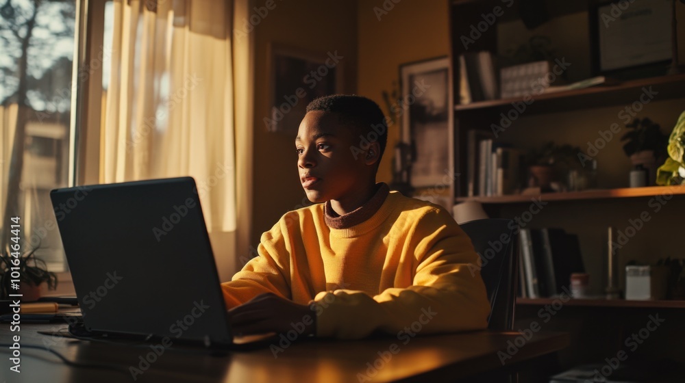 Poster a person sitting at a desk with a laptop and possibly working or studying.