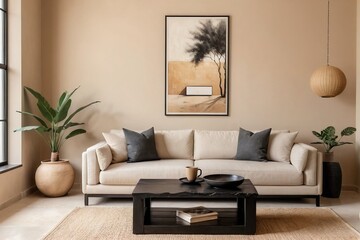 Simple Japandi living room with beige or neutral color theme with copy space. Japandi Living Room Decor.