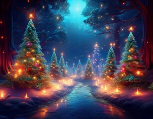 Magical forest with christmas trees and glowing lights