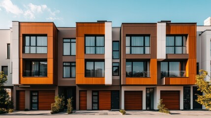 Obraz premium Modern design townhouse It is characterized by distinctive architectural elements. big window and the combination of materials such as steel and wood.