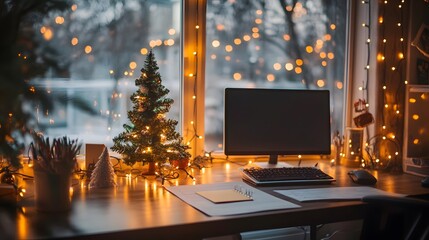 Obraz premium Festive Desktop with Christmas Tree, Lights and Computer
