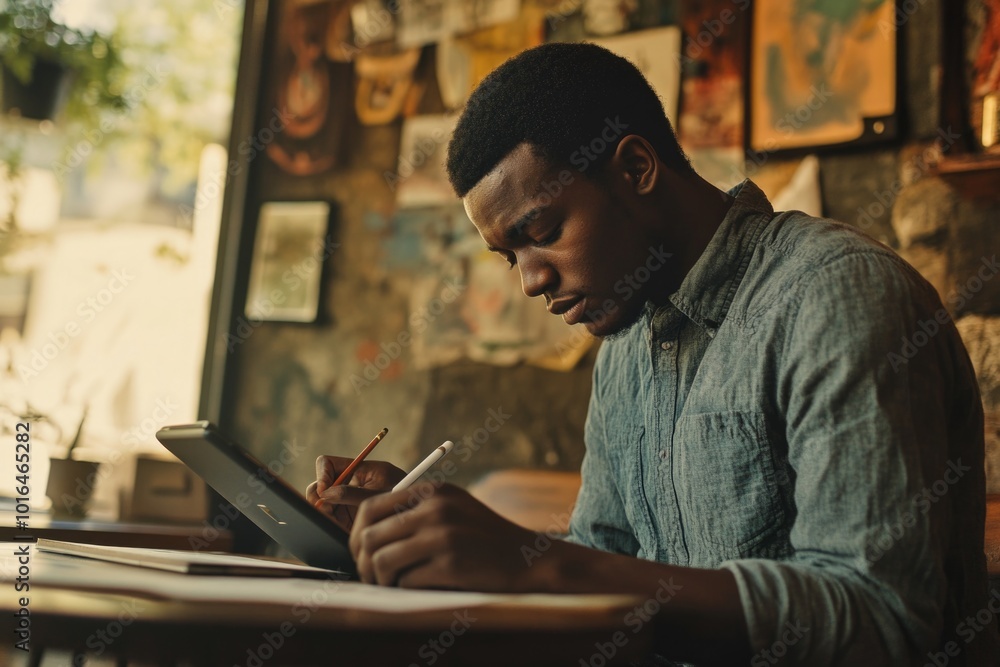 Poster a person sits at a table and writes with a stylus on a digital tablet, likely for work or personal u