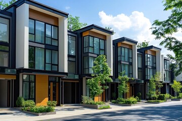 Fototapeta premium Modern design townhouse It is characterized by distinctive architectural elements. big window and the combination of materials such as steel and wood.