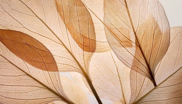 Nature abstract of flower petals, beige transparent leaves with natural texture as natural background or wallpaper. Macro texture, neutral color aesthetic photo with veins of leaf, botanical design.