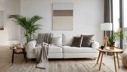 Nice scandinavian bright modern living room with white walls
