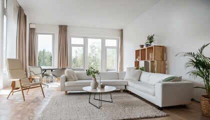 Fototapeta premium Nice scandinavian bright modern living room with white walls