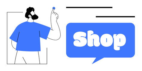 Shop concept. A man in a blue shirt raises his hand to interact with a digital button, with a large blue speech bubble containing the word Shop. Ideal for e-commerce, retail, digital stores, online