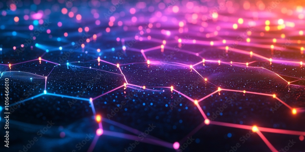 Poster glowing hexagonal hologram, a vibrant display of interconnected hexagons and polygons illuminating a