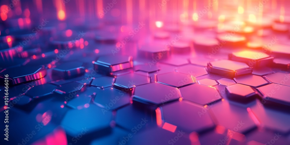 Poster glowing hexagonal hologram, vibrant mesh of luminous hexagons and sharp polygons against a smooth gr