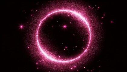 Pink glitter circle of light shine sparkles and pink spark particles in circle frame on black background. Christmas magic stars glow, firework confetti of glittery ring shimmer