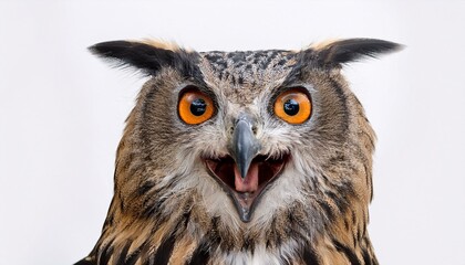 Obraz premium portrait of an eagle owl with open mouth seen from the front on a white background