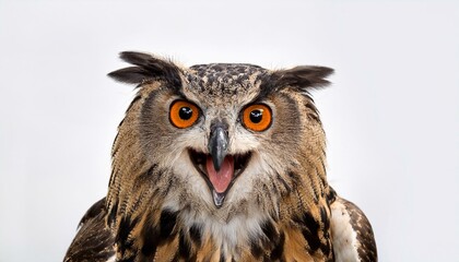 Obraz premium portrait of an eagle owl with open mouth seen from the front on a white background