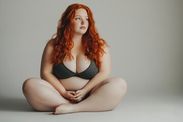 Obraz premium A woman with bright red hair sits on the floor, looking thoughtful.