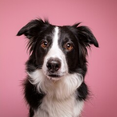 Fototapeta premium portrait of border collie looking in a camera on a pink background