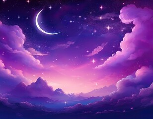 Purple gradient mystical moonlight sky with clouds and stars phone background wallpaper, ai generated