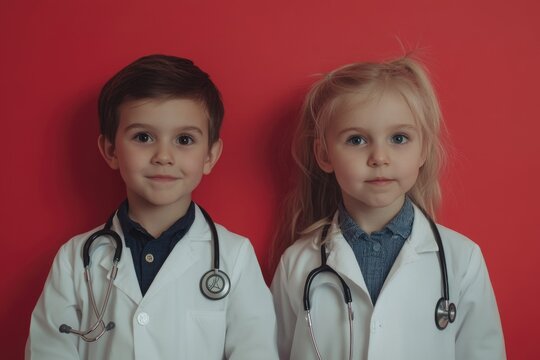 Two kids in white lab coats, a cute and curious pair.