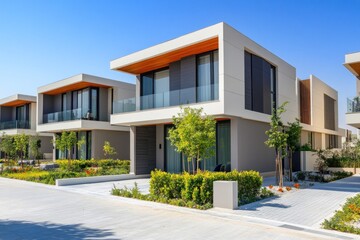 Modern design townhouse It is characterized by distinctive architectural elements. big window and the combination of materials such as steel and wood.