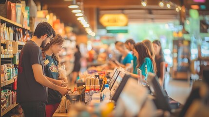Busy Checkout Line at Retail Store