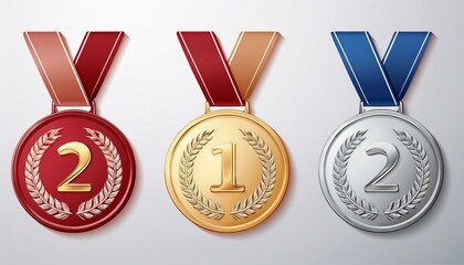 Set of realistic illustrations of gold, silver and bronze medals on ribbons. Sports competitions award first, second and third place isolated clip art pack. Championship award. Competition, winning