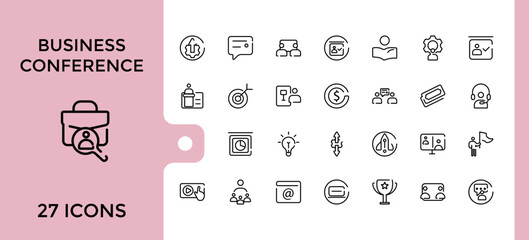 Business conference line icons set, attendee, schedule, workshop, venue, Networking, speaker, presentation and more collection, Editable stroke and pixel perfect.