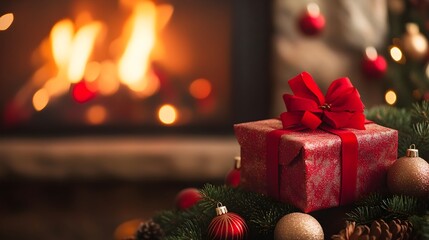 Christmas Gift Sitting on Mantelpiece with Warming Fireplace and Festive Decor