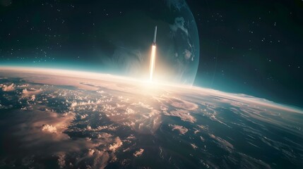 Obraz premium Rocket Bursting Through Earth s Atmosphere Towards Orbital Journey