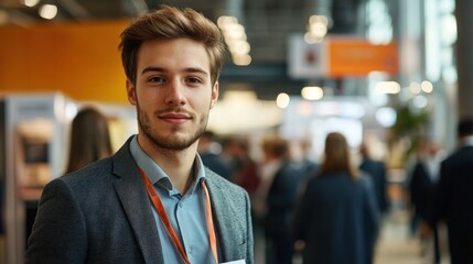 Fototapeta premium A young businessman confidently wears his ID card to attend a networking event. His commitment to building meaningful business relationships.