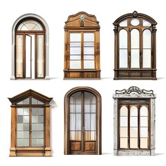 Set of various stylish wooden glass windows isolated on transparent background. 