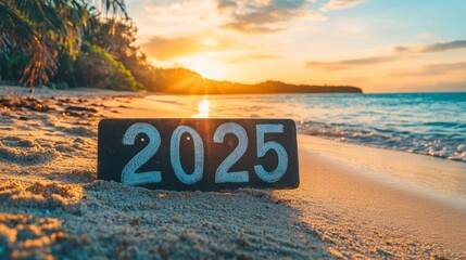 Vibrant beach sign featuring bold 2025, softly blurred coastal scenery enhances the celebratory atmosphere of the upcoming year