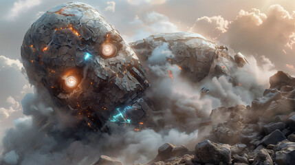 Giant robotic skull emerging from rubble with glowing eyes and cracks, amidst smoke and clouds, in a surreal apocalyptic landscape
