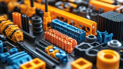 Fototapeta premium Assorted plastic construction components. Precision engineered thermoplastic parts