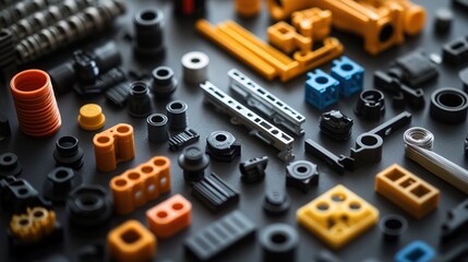 Fototapeta premium Assorted plastic construction components. Precision engineered thermoplastic parts