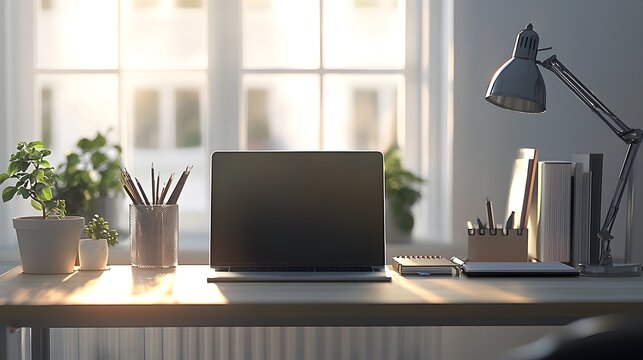 Productive,Minimalist Workspace with Organized Office Essentials in Natural Lighting