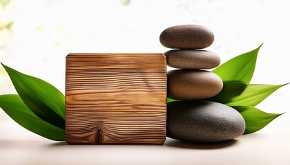 Stacked stones with wooden spa theme board, green leaves and sticks