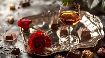 Fototapeta premium Luxurious Brandy and Gourmet Chocolate Arrangement with Red Rose on Silver Tray