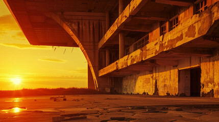 Abandoned industrial building at sunset, with peeling paint, weathered walls, and a dramatic sky