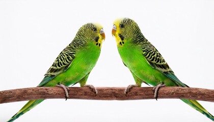Two green parakeets on a branch isolated on white background