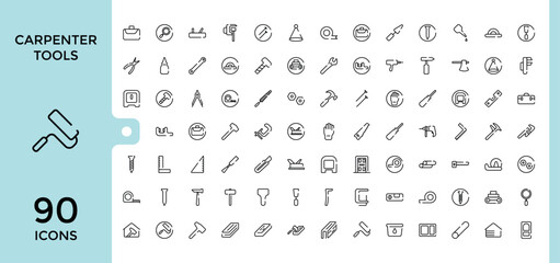 carpenter tools icons set. saw, wrench, Carpenter, tools, paint scale, driller, hammer and more, Outline icon collection for web and ui, Editable stroke, pixel perfect.
